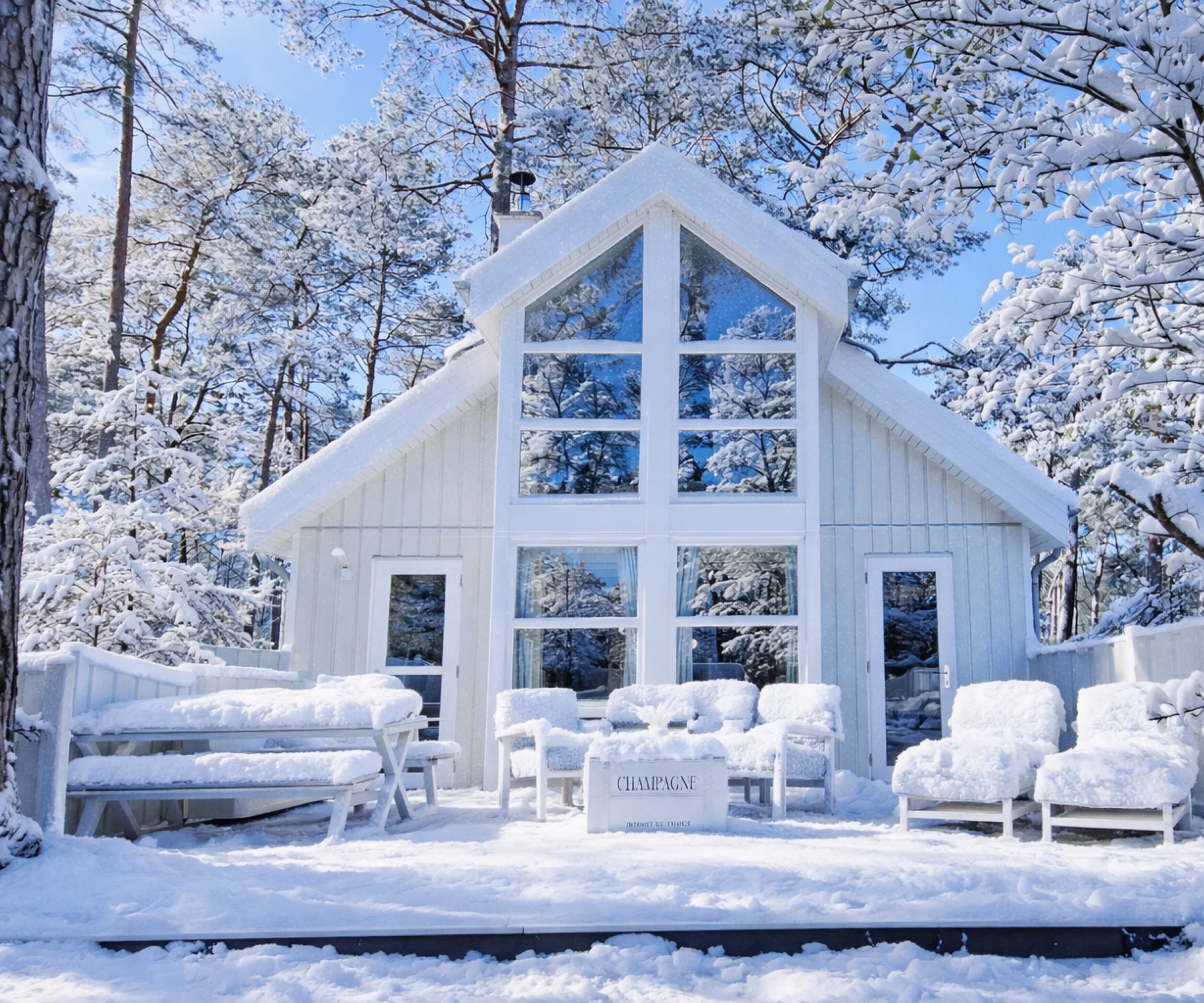 Ein weißes Haus mit großen Fenstern, umgeben von schneebedeckten Bäumen und Gartenmöbeln.