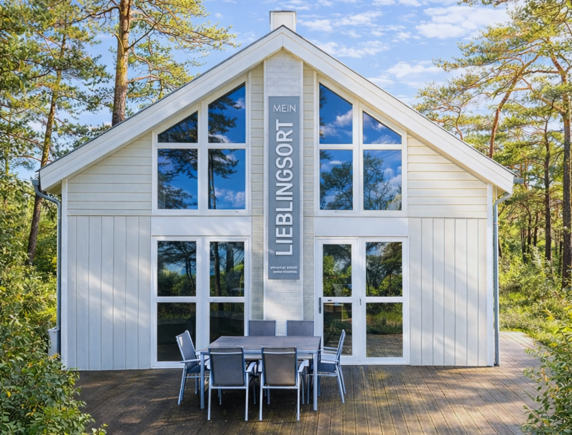 Rosa Rettungsring mit der Aufschrift "Ostsee" liegt im Sand, umgeben von Dünengras, im Hintergrund ein Sonnenuntergang und fliegende Vögel.