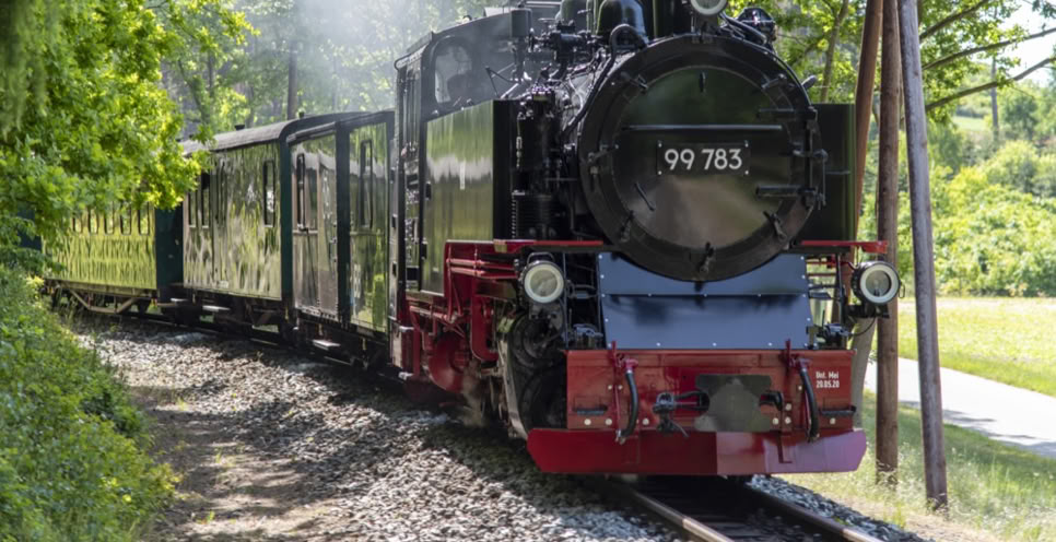 Dampflok mit schwarzen Waggons fährt auf einem Gleis durch eine grüne Landschaft.