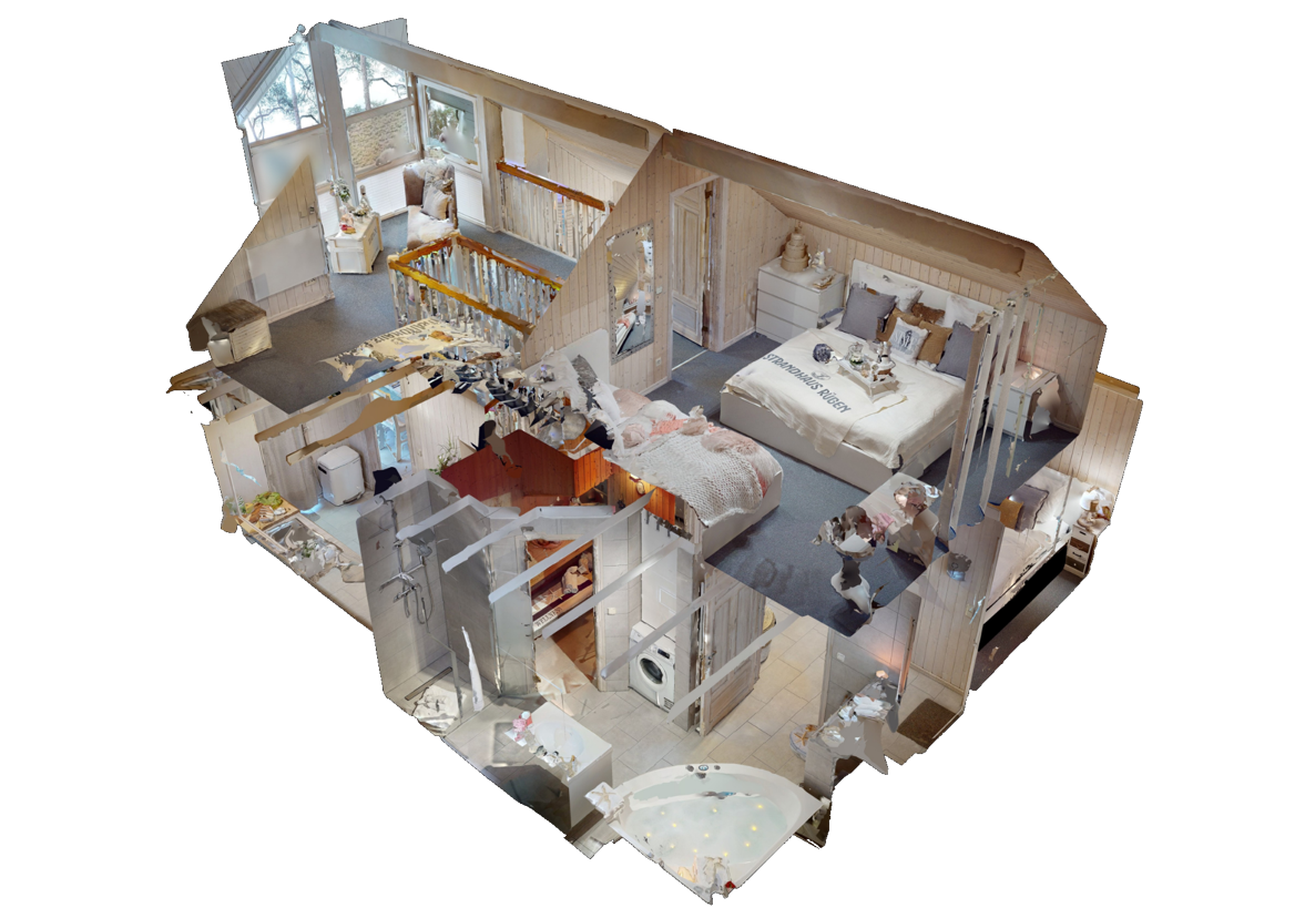 3D-Grundriss eines Hauses mit mehreren Räumen, darunter ein Wohnzimmer, ein Schlafzimmer, eine Küche und ein Badezimmer.