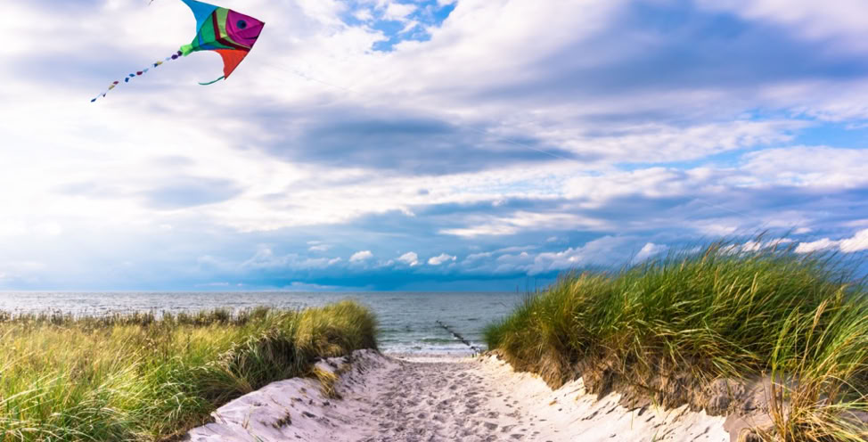 Ein bunter Drachen fliegt über einem sandigen Pfad, der zum Meer führt, umgeben von hohen Gräsern und einem bewölkten Himmel.