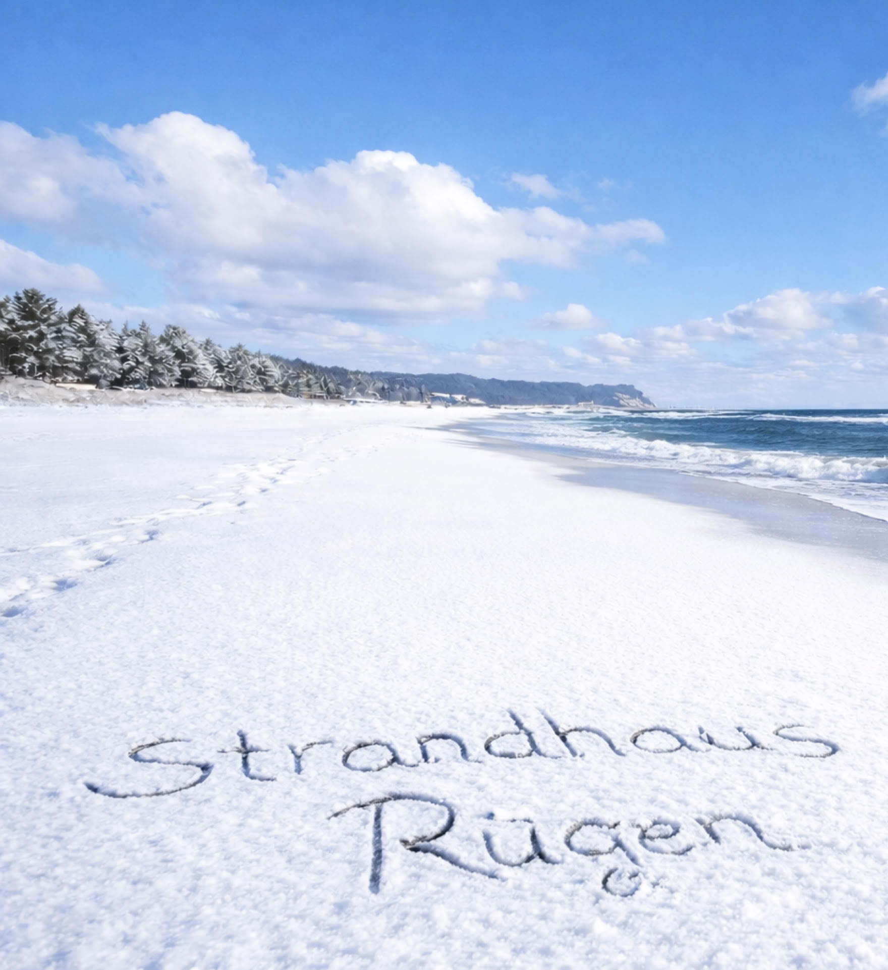 Schneebedeckter Strand mit Fußspuren, Schriftzug "Strandhaus Rügen" im Schnee, Meer und blauer Himmel im Hintergrund.