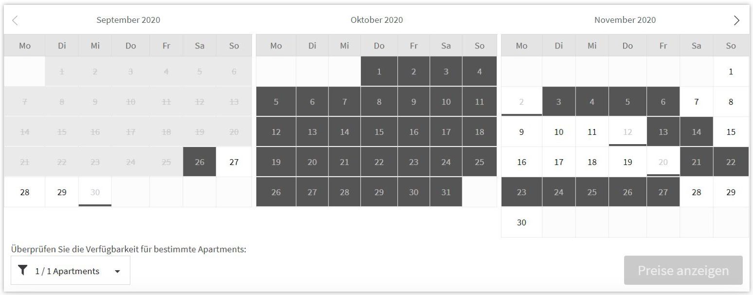 Ein Kalender mit hervorgehobenen Daten in dunklen Kästchen.