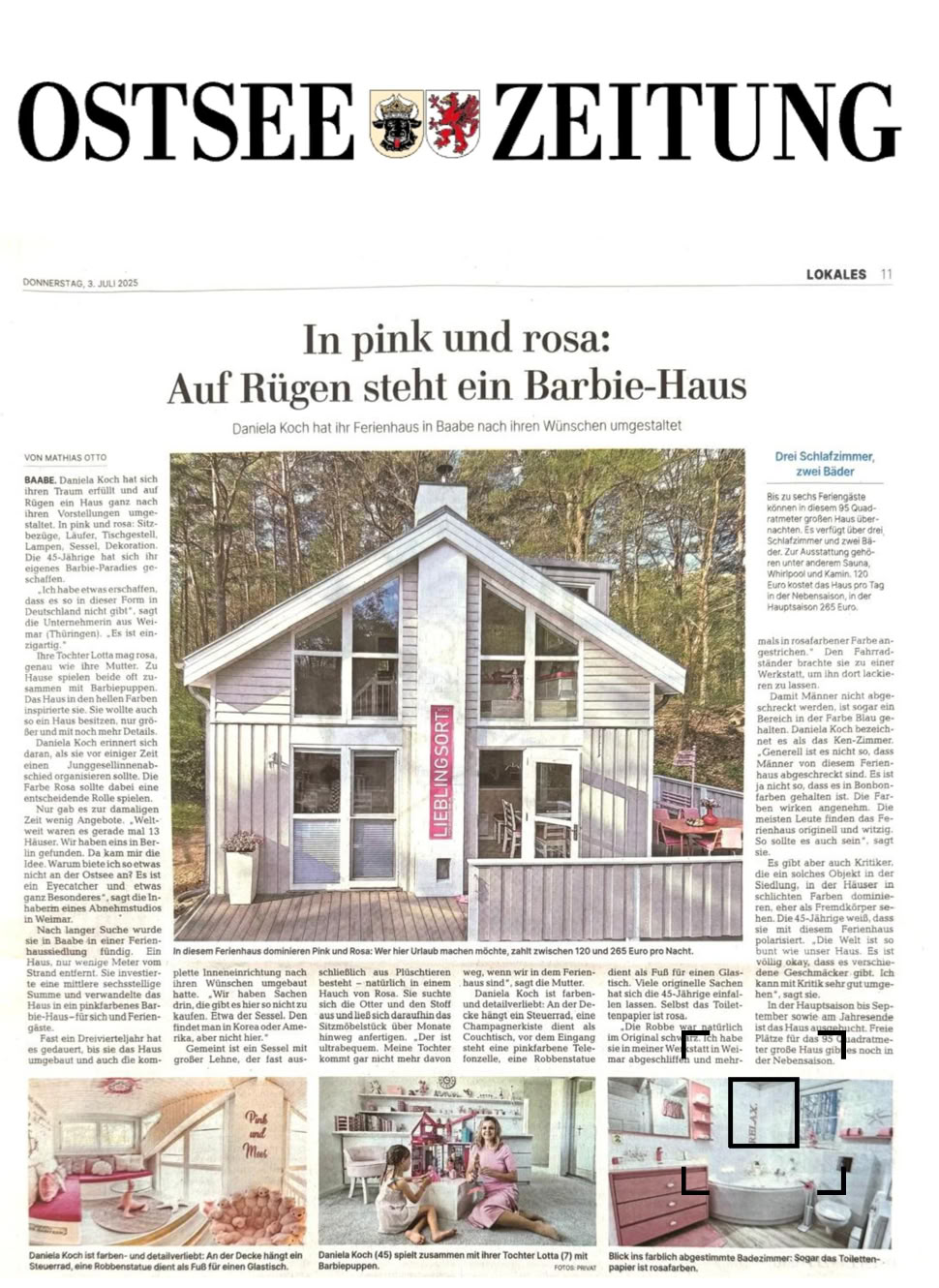 Titelseite einer Zeitung mit einem großen Bild eines modernen Hauses, umgeben von Bäumen. Darunter sind kleinere Bilder von Innenräumen und Möbeln. Der Zeitungstitel ist oben zentriert.